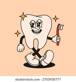 Groovy tooth character with a toothbrush. Flat vector illustration.
