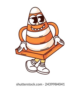 Groovy traffic cone cartoon character with teeth in funky smile. Funny retro safety barrier walking, alert and warning signal mascot, cartoon road cone sticker of 70s 80s style vector illustration