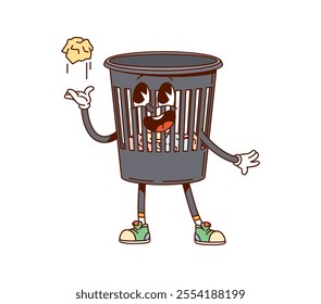 Groovy trash bin cleaning and household cartoon character with playful expression, wearing sneakers and filled with crumpled debris. Playful and cute retro wastes bucket personage play with paper ball