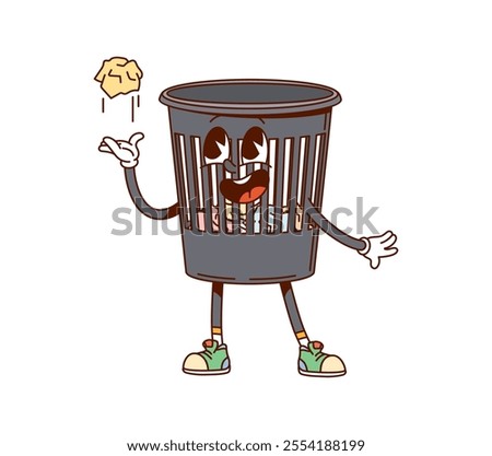 Groovy trash bin cleaning and household cartoon character with playful expression, wearing sneakers and filled with crumpled debris. Playful and cute retro wastes bucket personage play with paper ball