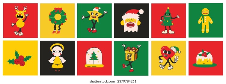 Groovy trendy Christmas cards. Santa Claus, Christmas tree, gifts, rainbow, peace, groovy and bright, star in trendy retro cartoon style. Merry Christmas and Happy New year.