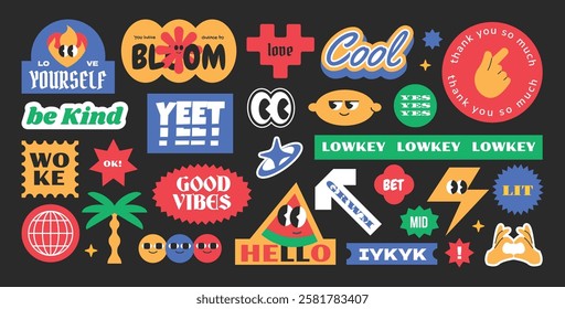 Groovy trendy hipster stickers, patch, label character with gen z and millenials slang words y2k style