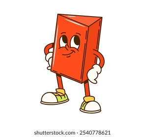 Groovy triangular prism math geometric figure character. Isolated cartoon vector playful, red volumetric triangle personage standing in confident pose and showing funky vibe and mischievous expression