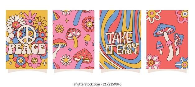 Groovy trippy A4 posters set with flowers, mushrooms, lettering quotes. Modern retro abstract design. Abstract trippy psychedelic smile pattern. 60s, 70s. Rave psychedelic banner. Vector illustration.