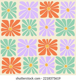 Groovy trippy daisy tiles checkery seamless pattern. Square flowers plaiding patchwork. 1970 retro hippie vibe background. Vintage cover textile poster vector illustration.