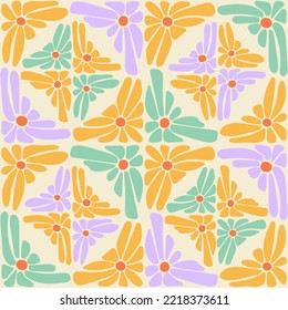 Groovy trippy daisy tiles seamless pattern. Abstract naive psychedelic, hand drawn flowers mosaic patchwork. 1970 retro hippie vibe background. Vintage cover textile poster vector illustration.