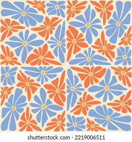 Groovy trippy daisy tiles seamless pattern. Abstract kaleidoscopic hand drawn flowers mosaic patchwork. 1970 retro psychedelic vibe background. Vintage cover textile poster vector illustration.