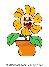 Groovy trippy personaje de la planta con la expresión cómica del hocico que sobresale de la lengua. Personaje de la flor divertida aislada en la olla. Pegatina o emoji, emoticono o pegatina para redes sociales. Vector en estilo plano