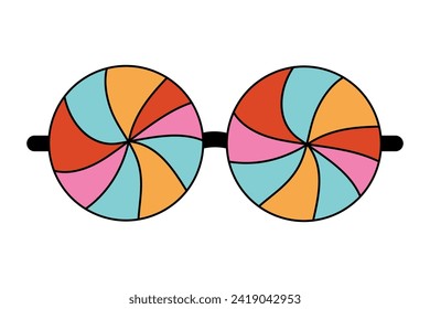 Groovy trippy psychedelic glasses. Retro 70s graphic element in hippie boho style. Round sunglasses with waves, hipsters symbol of trippy disco music and retro vibe