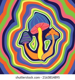 Groovy trippy psychedelic poster with mushrooms. Hippie vibes 1960 and 1970. Groovy vector illustration of poison mushrooms