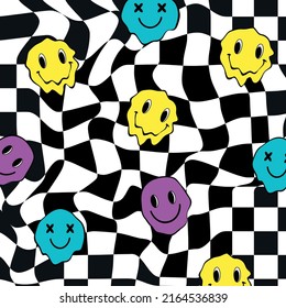 Groovy trippy psychedelic smiles pattern. Checkered wallpaper with melted trippy smiles. Hippie psychedelic vibes 1960 and 1970