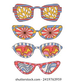 Groovy trippy psychedelic sunglasses collection. Retro 60s 70s graphic elements of glasses with abstract waves and rays. Hippie boho style stickers. Linear hand drawn vector illustration.