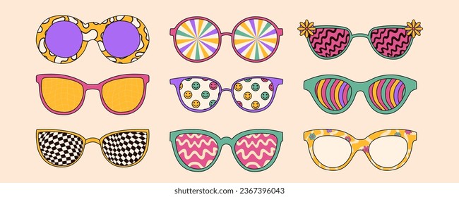 Groovy trippy psychedelic sunglasses set in trendy retro 1970s style. Vector illustration