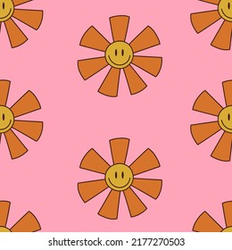 Groovy trippy seamless pattern with sun and smile. Vector illustration