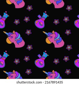 Groovy trippy seamless vector pattern with with unicorn, stars and posion