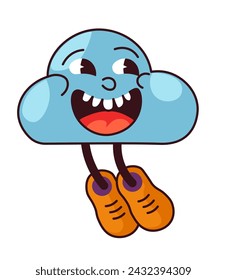 Bonito personaje de la nube sonriente trippy volando. Emoji psicodélico retro aislado, linda masa azulada de agua condensada con emoción feliz en cara divertida. Emoticono o etiqueta engomada. Vector en estilo plano