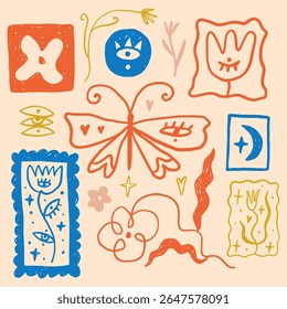 Groovy trippy style butterfly, tulip flower and more floral stamps design set. Hippie 60s 70s posters. Happy flowers with eyes romantic fantasy psychedelic background pattern elements in trendy cute