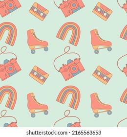 Groovy trippy vector seamless pattern from 1970 with rollers, rainbow, cassette and camera