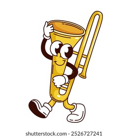 Groovy trombone cartoon character walking. Funny retro gold wind musical instrument with cute smile on face. Jazz music mascot, cartoon brass trombone sticker of 70s 80s style vector illustration