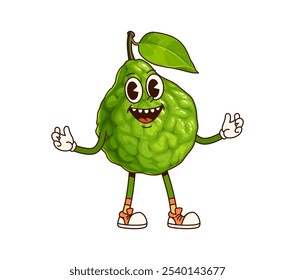 Groovy tropical bergamot fruit character. Isolated cartoon vector fresh citrus bergamia plant with wrinkled green peel, conveying happiness and energy, promotes healthy eating with retro funky vibes