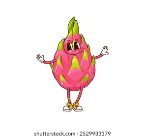 Groovy tropical dragon fruit character. Isolated cartoon vector pitahaya or dragonfruit personage with expressive face, standing in playful pose, smiling and wearing trendy, hippie, vintage sneakers