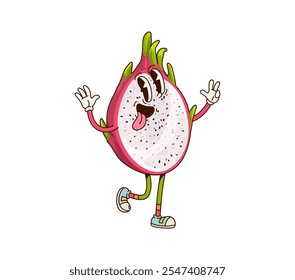 Groovy tropical dragon fruit half character in a playful pose. Cartoon vector fun and smiling pitahaya dragonfruit personage with seeds shows quirky and funky facial expression with sticking tongue