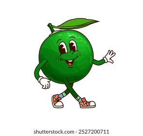 Caractere de fruta tropical Groovy com um corpo verde, grande sorriso e folha, vestindo tênis, e exala diversão e vibe retro lúdico. Isolado vetor de desenhos animados cal citrus frutista personagem passeando alegremente