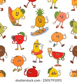 Groovy tropical fruit characters seamless pattern. Vector tile background with playful pineapple, banana, apple and pear, peach, watermelon, orange, lemon. Pomegranate, kiwi, grapefruit fun activities