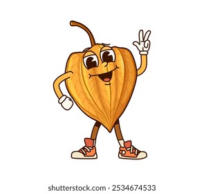 Groovy tropical physalis fruit character. Cartoon vector cheerful, ripe and healthy berry personage with expressive eyes and sneakers is smiling, and flashing peace sign, showcasing positive vibes