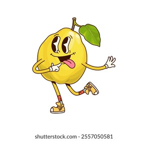 Groovy tropical quince fruit character in a playful pose. Cartoon vector fun and smiling personage with green leaf, quirky facial expression, sticking tongue, smiling and showing positive funky vibes