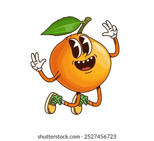 Carácter de fruta de mandarina tropical. Naranja de Vector de dibujos animados, personaje de fruta cítrica mandarina saltando con expresión feliz y alegre, gestos de paz intermitentes, exuda un ambiente de verano funky e hippie