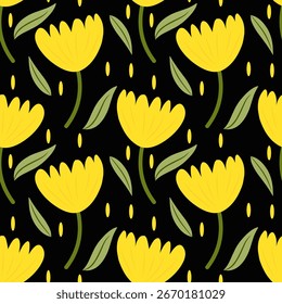 Groovy tulipanes planta sin patrón sobre fondo oscuro. Para Textil y Moda
