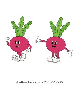 Groovy Turnip Mascot Illustration. Set of 2 Turnips Retro and Vintage Cartoon