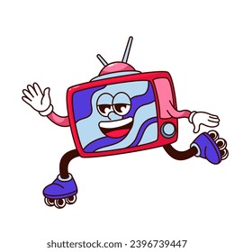 Groovy TV roller skater character vector illustration. Cartoon isolated retro happy television with psychedelic blue stripes on screen and antenna roller skating, funny hippie broadcast mascot