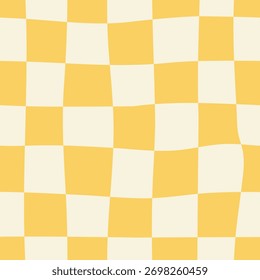 Groovy torcido xadrez padrão sem costura. Plano de fundo plano vetorial com verificações onduladas distorcidas. Quadrante psicodélico funky em estilo retrô dos anos 70