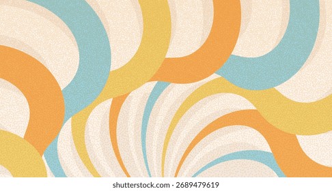 Groovy twisted starburst background. Retro spiral sun rays abstract illustration. Vector wavy dynamic lines decoration. Carnival wiggle stripes vintage backdrop. Sunburst textured 70s pop art design.