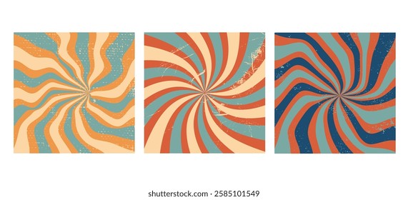 Groovy twisted wave backgrounds set. Hand drawn, hippie backgrounds. Doodle waves, Distorted uneven stripes, warped streaks. Fluid liquid wavy lines. Retro colors. Texture