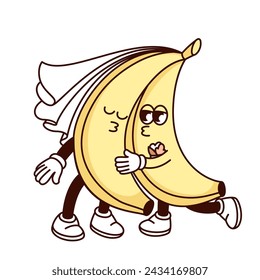 Groovy two bananas cartoon characters kiss and hug. Funny retro tropical fruits like bride and groom, love couple and marriage mascot, cartoon bananas sticker of 70s 80s style vector illustration