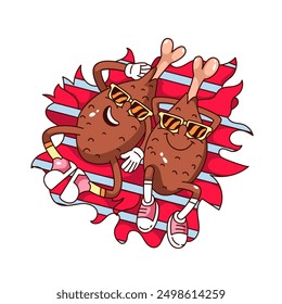 Groovy two chicken legs cartoon characters lying on grill. Funny retro chicken drumsticks friends in sunglasses, BBQ cooking mascot, cartoon grilled food sticker of 70s 80s style vector illustration