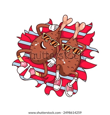 Groovy two chicken legs cartoon characters lying on grill. Funny retro chicken drumsticks friends in sunglasses, BBQ cooking mascot, cartoon grilled food sticker of 70s 80s style vector illustration
