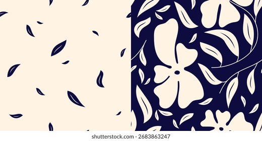Groovy two tone seamless patterns with wavy 70s daisies and leaves.