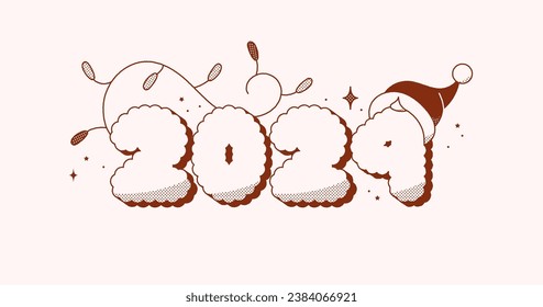 Groovy two-tone 2024 Christmas card. Dark red halftone letters.