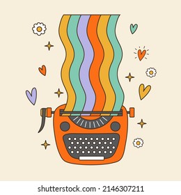 Groovy typewriter with rainbow. 70s, 80s, 90s vibes funky sticker. Retro writer equipment illustration. Vintage nostalgia element for card, poster design and print