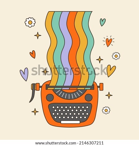 Groovy typewriter with rainbow. 70s, 80s, 90s vibes funky sticker. Retro writer equipment illustration. Vintage nostalgia element for card, poster design and print