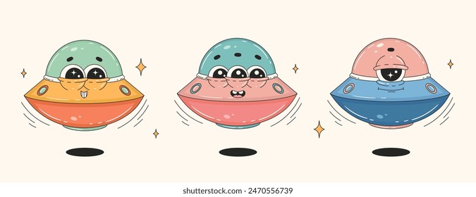 Groovy UFO characters. Funny flying saucer in trendy retro 60s-70s cartoon style. Vector illustration.