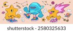 Groovy universe cartoon characters - walking star mascots, cool planet wearing sunglasses, cosmic elements with sneakers in retro style. Space themed funky design with constellations, clouds, moon.