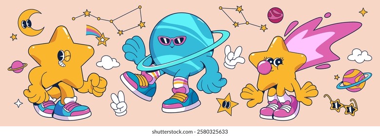 Groovy universe cartoon characters - walking star mascots, cool planet wearing sunglasses, cosmic elements with sneakers in retro style. Space themed funky design with constellations, clouds, moon.