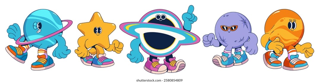 Groovy universe cartoon mascots set in sneakers - bright celestial bodies with cheerful expressions, dynamic poses and trendy style. Space themed characters for kids media or education design.