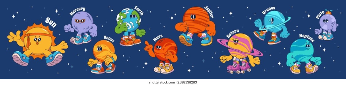 Groovy universe cartoon planets collection with cute characters on starry sky background. Funny vintage cosmic mascot illustration for children educational materials or outer space retro designs.