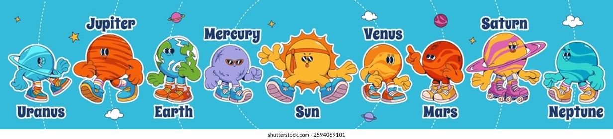 Groovy universe cartoon solar system. Cute cosmic characters with expressive faces, arms and legs in colorful sneakers. Friendly celestial bodies with names for educational design, children room decor